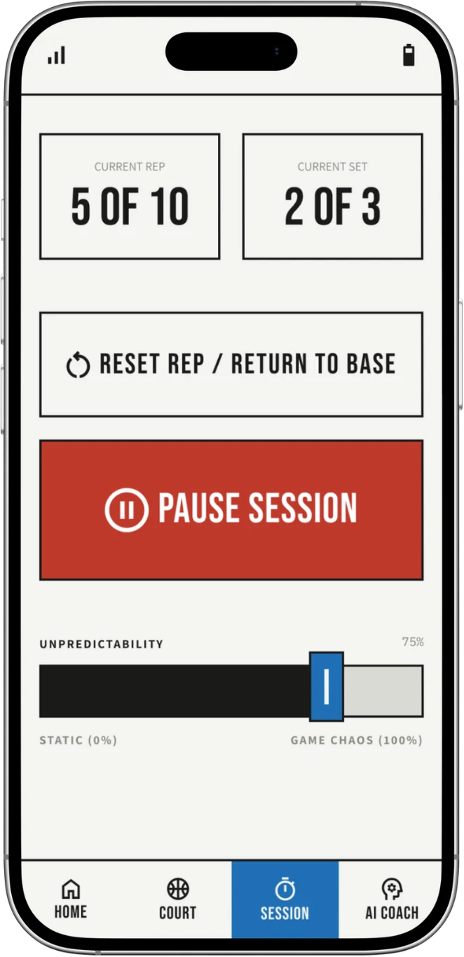 The live session screen, showing reps and the variability dial