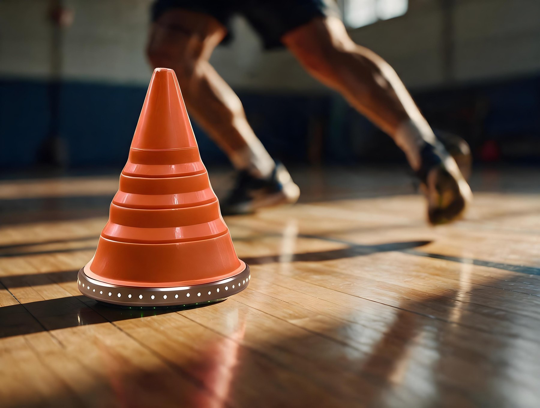 The REAKTA unit on a gym floor as an athlete cuts past it