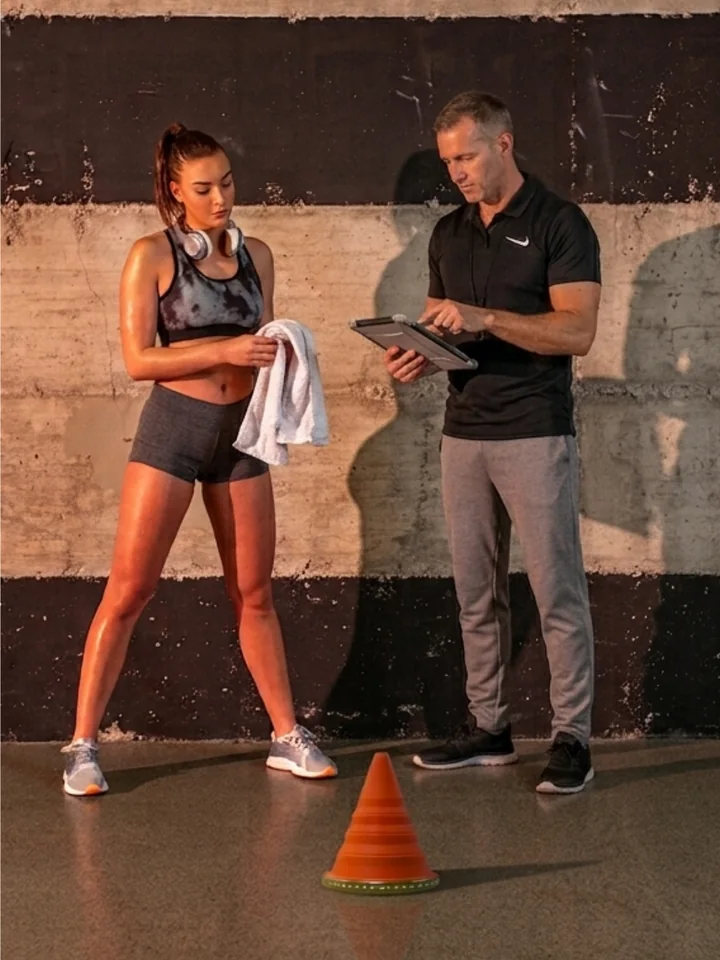 An athlete catching her breath while a coach reads a tablet, the unit on the floor between them